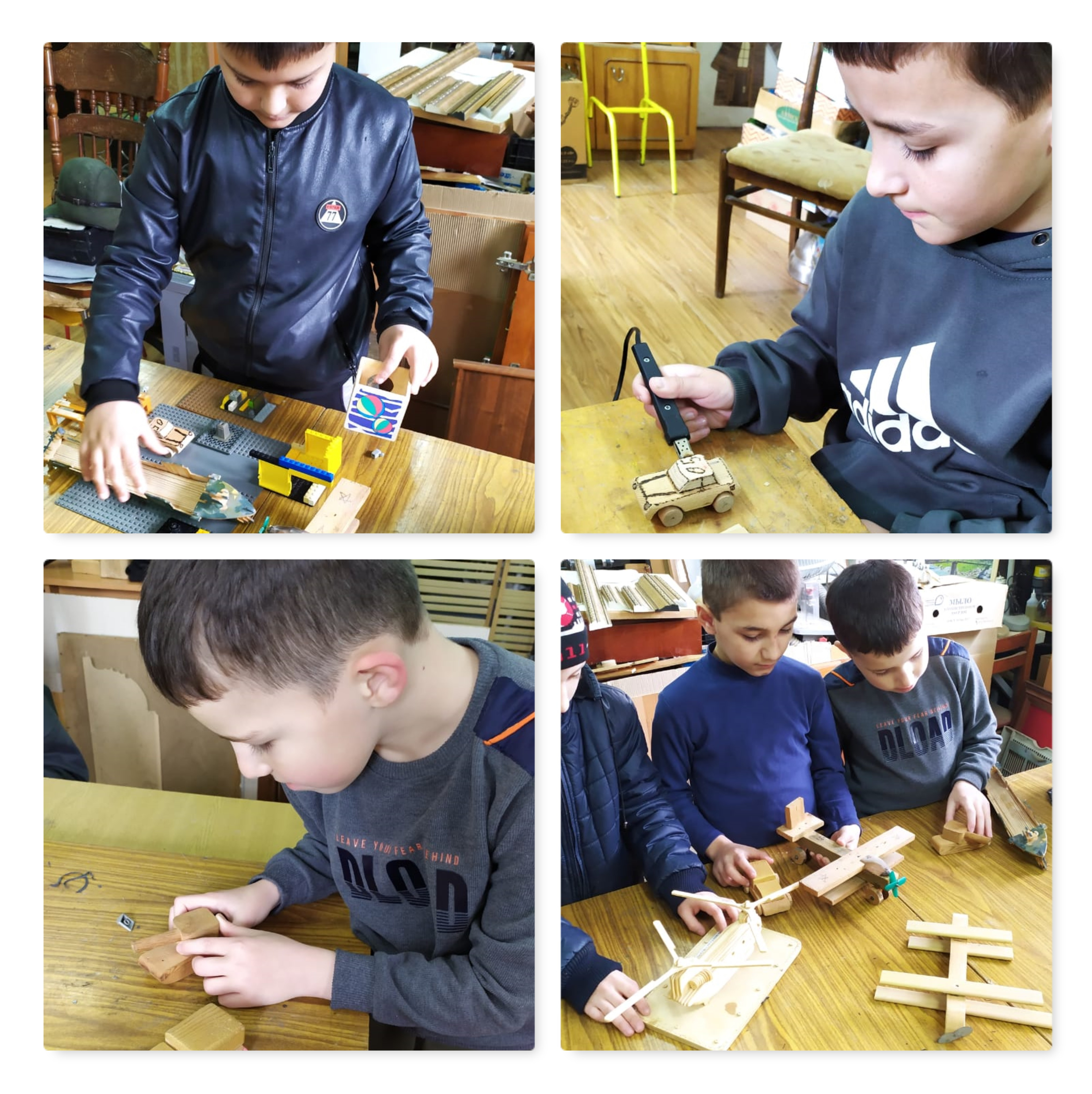 Мальчики смастерили военную технику из дерева