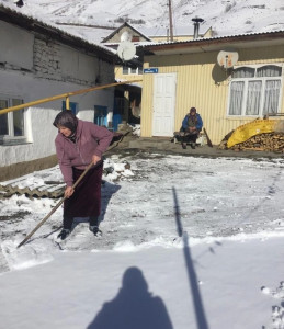 Социальный работник чистит двор от снега своей подопечной